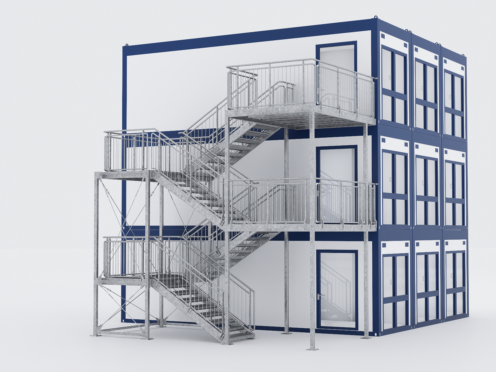 Treppenanlagen, Containertreppen  Containertreppentürme für Büro-, Wohn-, Verwaltungs-, Gewerbe-, Schul- und Kitacontainer – modular, feuerverzinkt